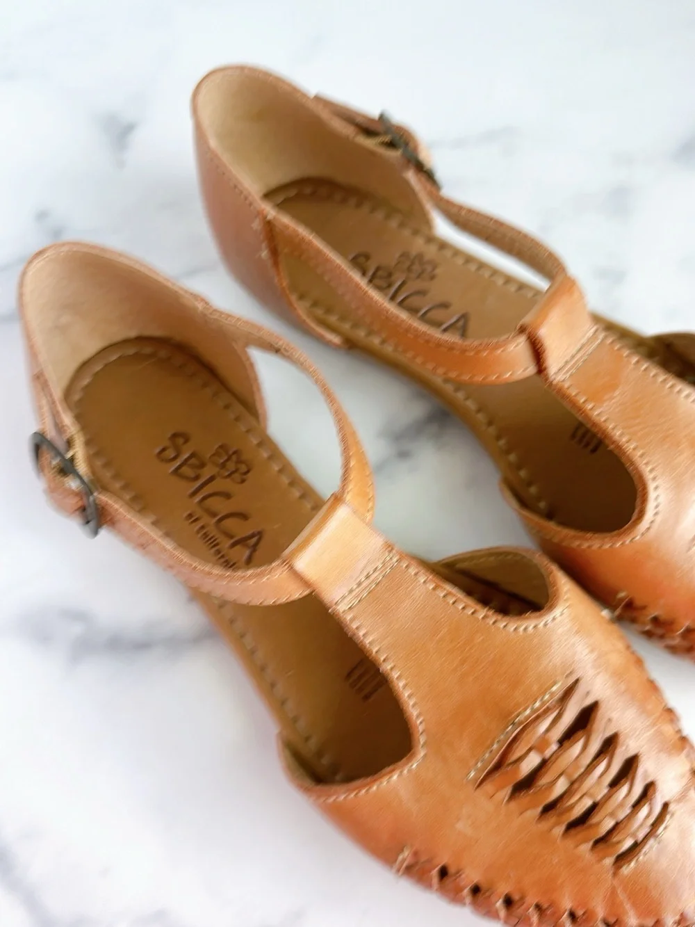 Sbicca Women's Tan Leather T-Strap Woven Flats - Picture 2 of 6